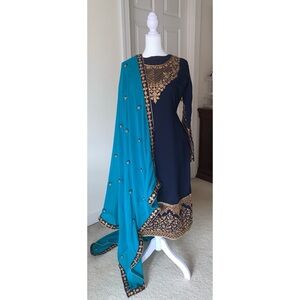 Navy and Teal Embroidered Shalwar Kameez